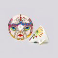 A pair of decorative ceramic tableware pieces, including a round plate with a colorful pop-art face design and a matching wedge-shaped bowl, displayed on a neutral gray background.
